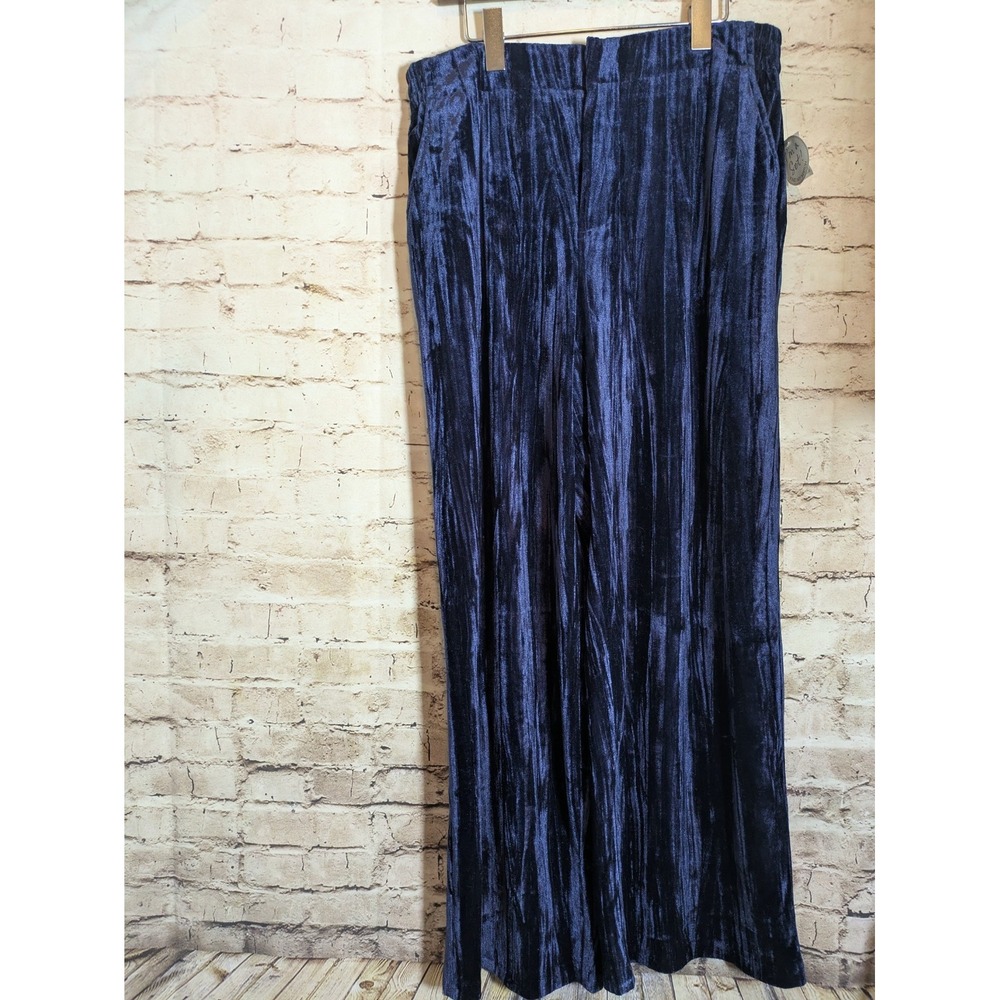NEW Cato Wide Leg Pants Women's Large In Royal Blue Crushed Velvet Elastic Waist
